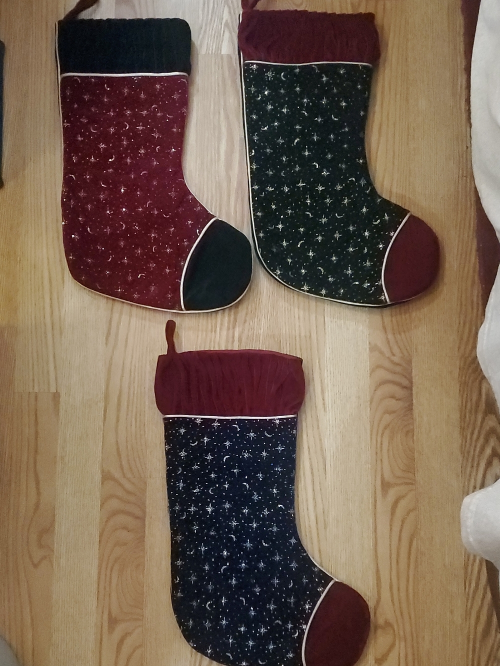Velvet Holiday Stocking Set in Burgundy, Green, Navy